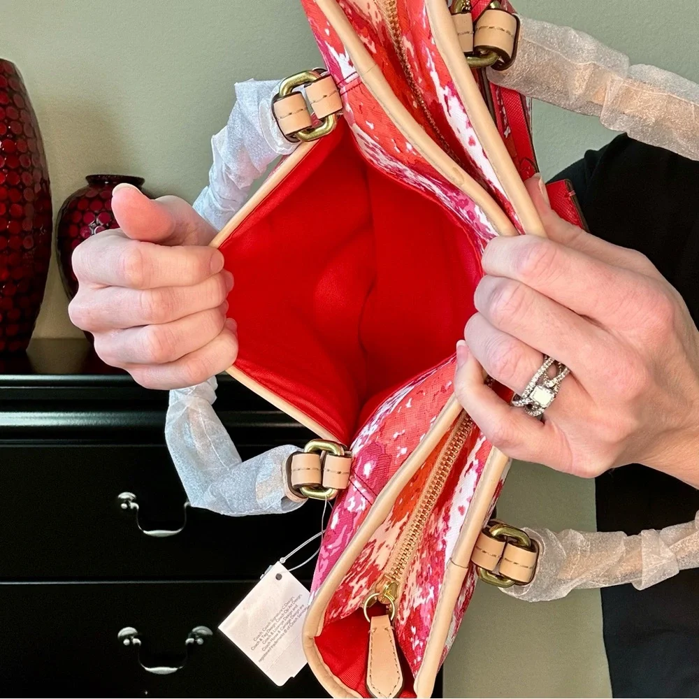 Coach Red and Pink Payton Floral Print Zip Top Tote Bag MSRP $328 - Picture 6 of 16